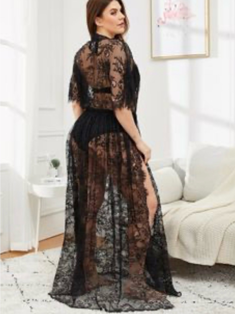 Whimsical Sheer Black Floral Lace Maxi Dress with Attached Bodysuit Lining Read